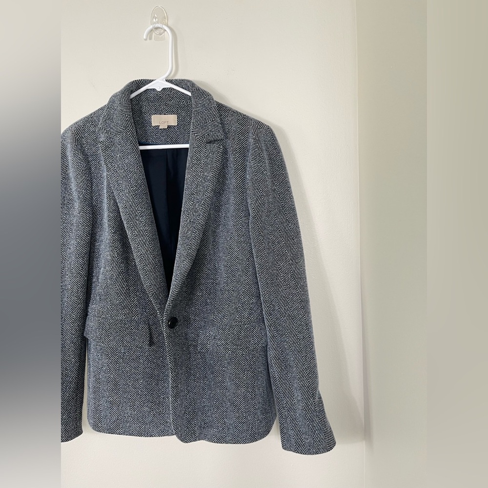 LOFT Navy Houndstooth Chevron Tweed Blazer Jacket Suit Women’s Size 6 - Picture 4 of 13